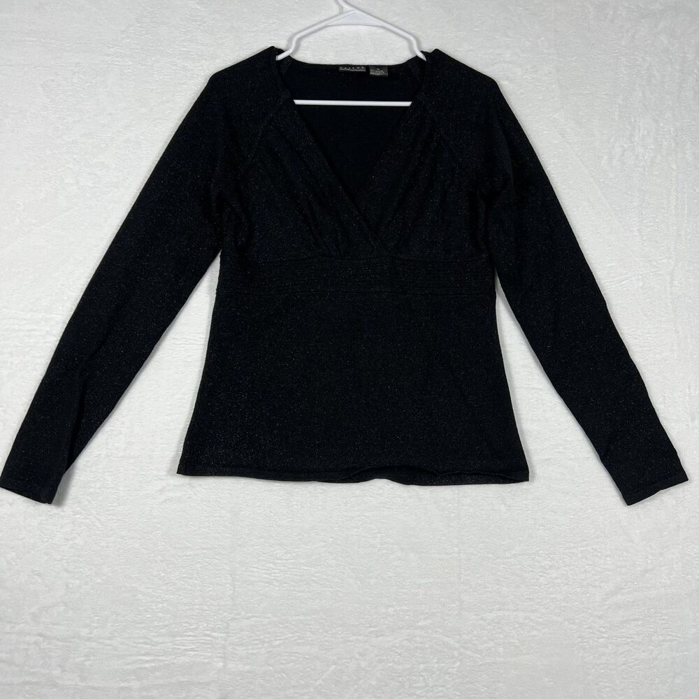 B. Moss Tailor Womens Top Size M Black Metallic Sparkle Knit Surplice V-Neck